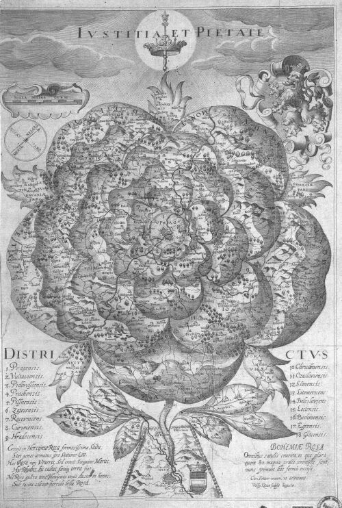 Mapa Čech v podobě růže z roku 1668